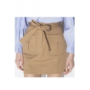 Belt Waist Plain Double Pockets Tweed Mini Skirt
