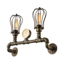 Antique Brass 2 Light LED Pipe Wall Sconce in Cage Style