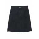 Plain Zipper Front Ripped Raw Edge A-Line Denim Skirt