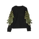 Peacock feather Embroidery Round Neck Long Sleeve Sweatshirt