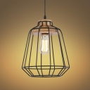 1 Light LED Pendant Light with Black Wire Frame Shade and Wood