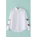White Lapel Butterfly Embroidery Dip Hem Button Down Shirt
