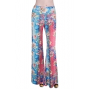 Floral Print Ombre Elastic Waist Wide Leg Flare Pants - Beautifulhalo.com