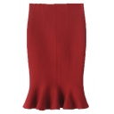 Plain Fishtail Style High Waist Knit Midi Skirt