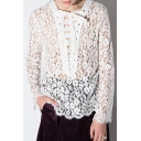 Crisscross Tie Front Lace Sheer Long Sleeve White Blouse