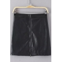 Plain High Waist Zipper Front PU Bodycon Skirt