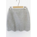 Woolen Scalloped Hem Zipper Detailed Bodycon Skirt
