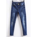 Zipper Studded Dark Wash Distressed Cropped Jean