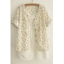 Sweety Ruffle Front Roll Sleeve Floral Print Open Front Blouse