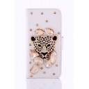Wallet Style Leopard Pattern Crystal PU Leather White Case for iPhone