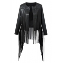 Fashion Lady's Cool Pu/Leather Asymmetrical Hem Round Neck Tassel Embellish Open Front Jacket&Coat