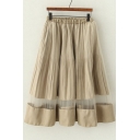 Beige Elastic Waist Tulle Hem Pleated Midi Skirt