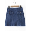 Elastic High Waist Mini A-Line Plain Two Pockets Denim Hot Skirts
