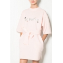 Sweet Pearl Pink Letter Print Longline T-Shirt Dress with Sash