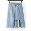 Special Elastic Waist Midi Asymmetrical Fray Hem Denim Skirts