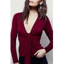 Sexy Plain Tie-Neck Long sleeves Blouse