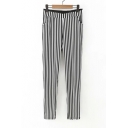 Stretch High Waist Striped Two Pockets Front Slim Fit Pants