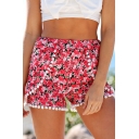 Fashion Summer Beach Women Pom Pom Trim Floral Print Tulip Shorts
