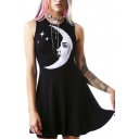 Moon Light Print Crew Neck Sleeveless A-line Tank Dress
