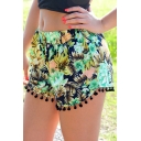 Fashion Summer Beach Women Pom Pom Trim Floral Print Shorts