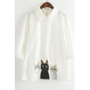 Lapel 3/4 Sleeve Cat Embellish Kawaii Blouse&Top