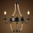 Industrial Aged Iron Black Finish Triple Light LED Chandelier with Manila Rope