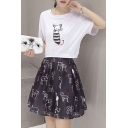 Cute Cartoon Cat Short Sleeve Tee A-line Skirt Suits