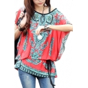 Womens Floral Batwing Sleeve Beach Loose Blouse Tunic Tops