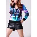 New Colorful Galaxy Pattern Long Sleeve Hoodied Zipper Front Chic Coats Outwear