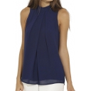 Women Summer Chiffon Sleeveless Blouse Tank Shirt Dark Blue