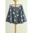 Sweet A-Line Flower Print Button Embellish Mini Denim Skirts