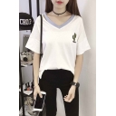 Fashionable Contrast V-neck Cactus Loose Fit T-shirt