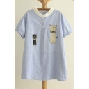 Stand Up Collar Short Sleeve Cat Embellish Striped Fashion Blouse