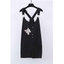 Women's Cute Embroidered Cat Button Front Overall Shorts