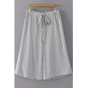 Summer Fashion Elastic Waist Bows Sashes Loose Wide Striped Icon Crop Pants