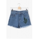 Raw Edge Cactus Emnroidery Denim Hot Shorts