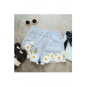 Sweet Summer Flower Embroidey Raw Edge Chic Denim Hot Shorts