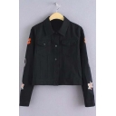Women's Lapel Neck Embroidered Buckled Pocket Detail Coat