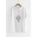 Key Hole Neck Short Sleeve Striped Cactus Embroidey Chic Top