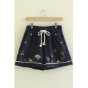 Women's Drawstring Waist Embroidered Pocket Front Shorts