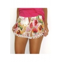 Women's Small Balls Tassel Edge Floral Print Beach Shorts