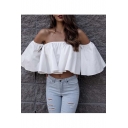 Sexy Off The Shoulder Bell Sleeve Loose Ruffle Hem Crop Blouse&Top