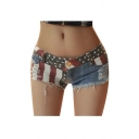 Women Sexy American US Flag Burr Ripped Hole Cut Off Destroyed Jean Denim Shorts