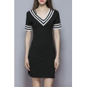 Women's V-neck Black And White Stripe Splicing Midi Dress