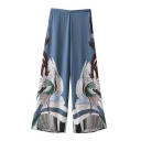 Elegant High Waist Fashion Crane Pattern Loose Wide Leg Pants