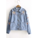 Fall Winter Fashion Floral Embroidered Lapel Denim Coat