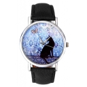 New Arrival Fashion Cat Floral Dial Leather Band Watch