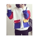 New Color Block Round Neck Long Sleeve Sweatshirt with Pocket
