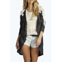Grey Long Sleeve Contrast Lace Knit Cardigan