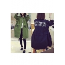 New Arrival Letter Print Zip Front  Drawstring Waist Midi Coat with Pocket